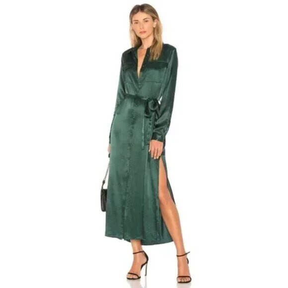 L'ACADEMIE The Long Sleeve Shirt Dress in Emerald - Picture 1 of 8